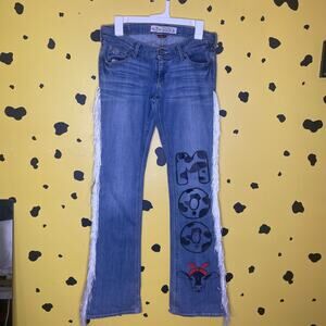 Custom Hollister Reworked Jeans Fringe Flare Cow Print Graphic Y2K Streetwear